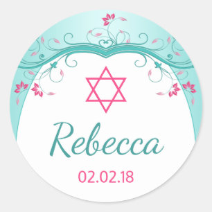 Sticker Rond Bat mitzvah floral rose turquoise de turquoise