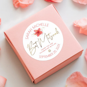 Sticker Rond Bat Mitzvah Floral Tropical Aquarelle Écriture Dor