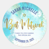 Sticker Rond Bat mitzvah Gold Foil Script, Aquarelle Turquoise (Devant)