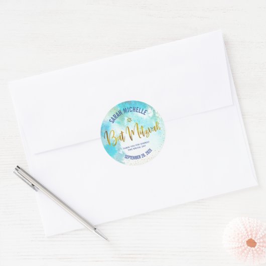 Sticker Rond Bat mitzvah Gold Foil Script, Aquarelle Turquoise (Enveloppe)