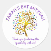 Sticker Rond Bat mitzvah Gold Foil Tree Life, Purple Typographi (Devant)