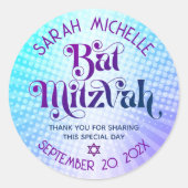 Sticker Rond Bat mitzvah Gras Rétro Boho bleu violet dégradé (Devant)