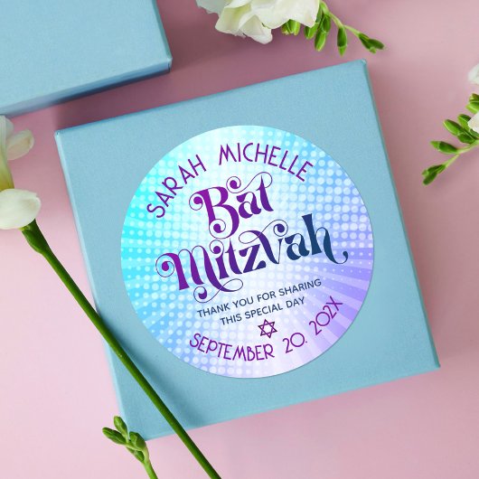 Sticker Rond Bat mitzvah Gras Rétro Boho bleu violet dégradé