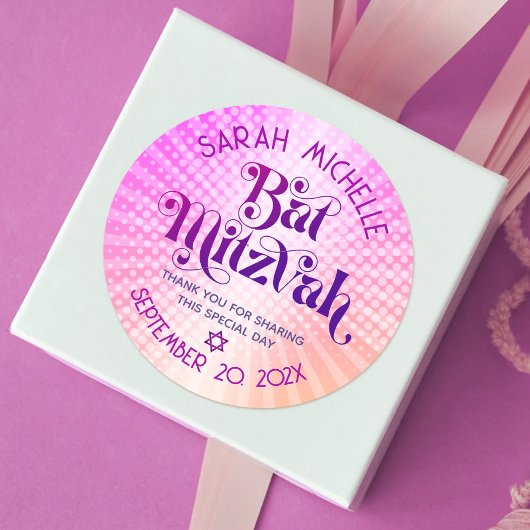 Sticker Rond Bat mitzvah Gras Rétro Boho rose orange dégradé