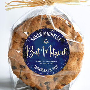 Sticker Rond Bat Mitzvah Moderne Bleu Marine Paillettes Dorées 