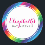 Sticker Rond BAT MITZVAH moderne coloré arc-en-ciel rayé brilla<br><div class="desc">par kat massard >>> https://linktr.ee/simplysweetpaperie <<< Aimez le design,  mais souhaitez voir quelques changements - un autre jeu de couleurs,  un produit,  ajouter une photo ou une adaptation pour une occasion différente - pas de souci contactez-moi,  kat@simplysweetPAPERIE.com - Je suis heureux de vous aider!</div>