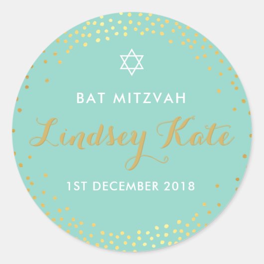 Sticker Rond BAT MITZVAH moderne rustique confetti menthe (Devant)