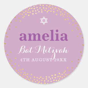 Sticker Rond BAT MITZVAH moderne rustique d'or confetti violet