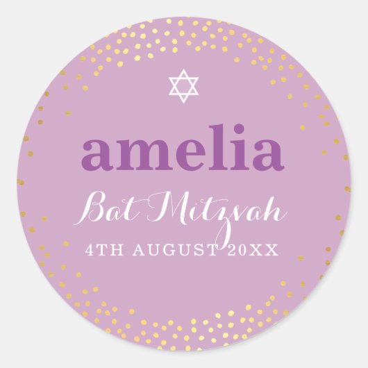 Sticker Rond BAT MITZVAH moderne rustique d'or confetti violet (Devant)