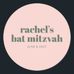 Sticker Rond Bat mitzvah moderne Soft Rose personnalisé<br><div class="desc">Célébrez cette étape spéciale avec un autocollant Bat mitzvah personnalisé avec un arrière - plan rose vif et une typographie moderne. Parfait pour sceller les enveloppes, décorer les faveurs de la fête ou améliorer la décoration de l'événement, cet autocollant élégant ajoute une touche personnalisée à la célébration. Un détail chic...</div>