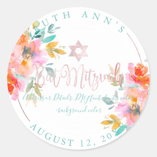 Sticker Rond Bat mitzvah PixDezines, Aquarelle Florale, Orange (Devant)