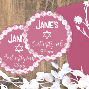 Sticker Rond Bat mitzvah rose mauve personnalisé