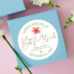 Sticker Rond Bat mitzvah tropical Aquarelle Floral Gold Script<br><div class="desc">Soyez fier, réjouissez-vous et célébrez cette étape de votre Bat mitzvah préféré chaque fois que vous utilisez cet autocollant sophistiqué et personnalisé! Une fleur de plumeria à aquarelle tropicale, élégante, étonnante, colorée, couleur, écriture manuscrite faux or, Star of David et des points de parties scintillant, ainsi que le vert printemps...</div>