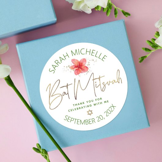 Sticker Rond Bat mitzvah tropical Aquarelle Floral Gold Script