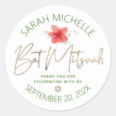 Sticker Rond Bat mitzvah tropical Aquarelle Floral Gold Script (Devant)