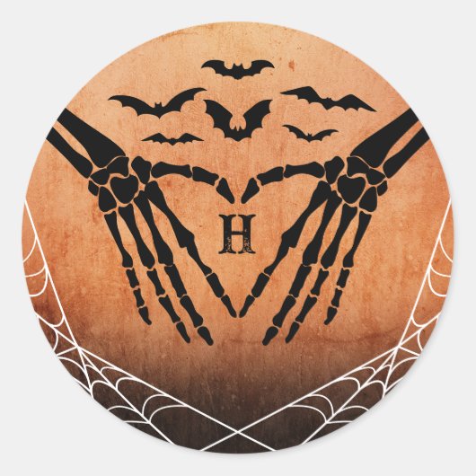 Sticker Rond Bat Skeleton Coeur Monogramme Goth Halloween Maria (Devant)