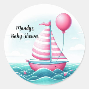 Sticker Rond Bateau à voile à rayures roses Baby Shower Ballons