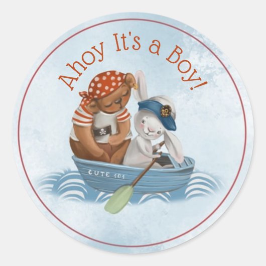 Sticker Rond Bateau nautique Ahoy C'est un Baby shower garçon (Devant)