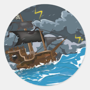Sticker Rond Bateau pirate dans la tempête