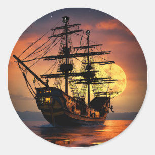 Sticker Rond Bateau Pirate Épique Silhouette Coucher de Soleil