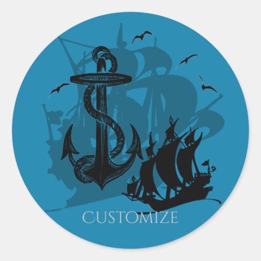 Sticker Rond Bateau pirate et Ancre noir Silhouette 2 (Devant)