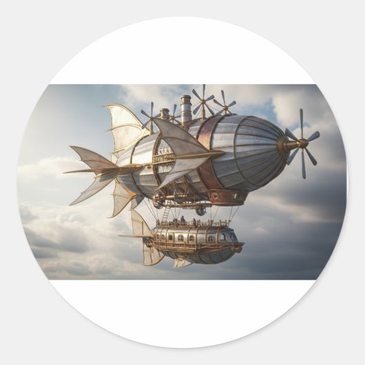 Sticker Rond Bateau Steampunk dans les nuages (Devant)