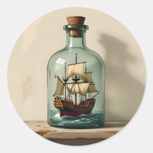 Sticker Rond Bateau vintage dans une bouteille d'antiquité
