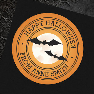 Sticker Rond Bateaux et lune Happy Halloween nom personnalisé o