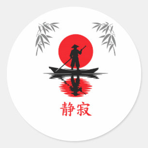 Sticker Rond Batelier Zen Soleil Rouge Silhouette Minimaliste