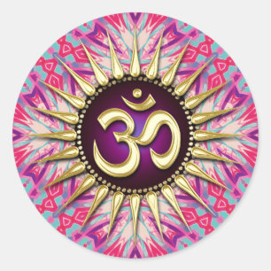 Sticker Rond Batik Fuchsia Rose violet et soleil Om