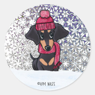 Sticker Rond Bâton rond classique Dachshund d'hiver