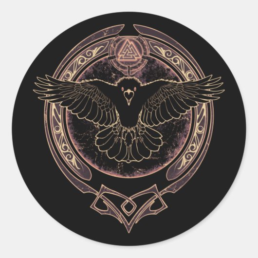 Sticker Rond Bâton rond classique Viking Raven Munin et Valknut (Devant)