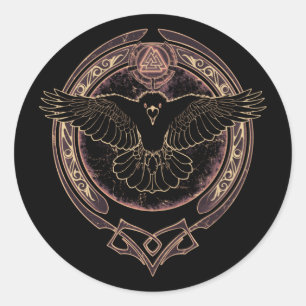 Sticker Rond Bâton rond classique Viking Raven Munin et Valknut