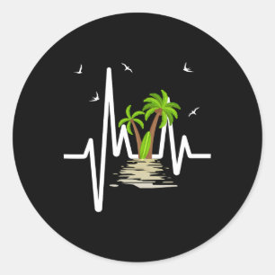 Sticker Rond Battement de coeur avec plage aux palmiers tropica