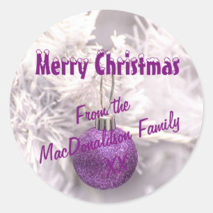 Sticker Rond Baube d'arbre de Noël violet et blanc Joyeux Noël