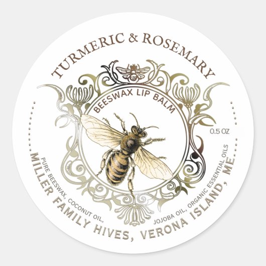 Sticker Rond Baume à lèvres en cire d'abeille Orné or Queen Bee (Devant)