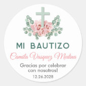 Sticker Rond Bautizo mignon roses roses roses et Feuille Baptêm (Devant)