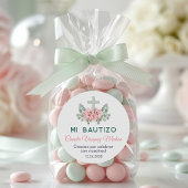 Sticker Rond Bautizo mignon roses roses roses et Feuille Baptêm