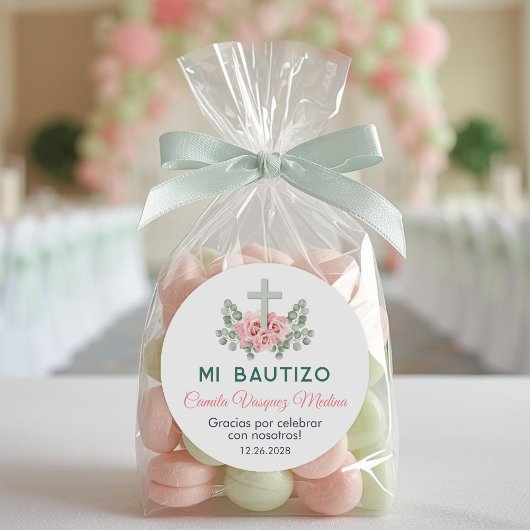 Sticker Rond Bautizo mignon roses roses roses et Feuille Baptêm