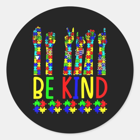 Sticker Rond Be Kind Hand Sign Language Puzzle Sensibilisation (Devant)