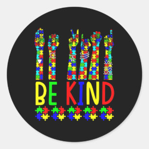 Sticker Rond Be Kind Hand Sign Language Puzzle Sensibilisation