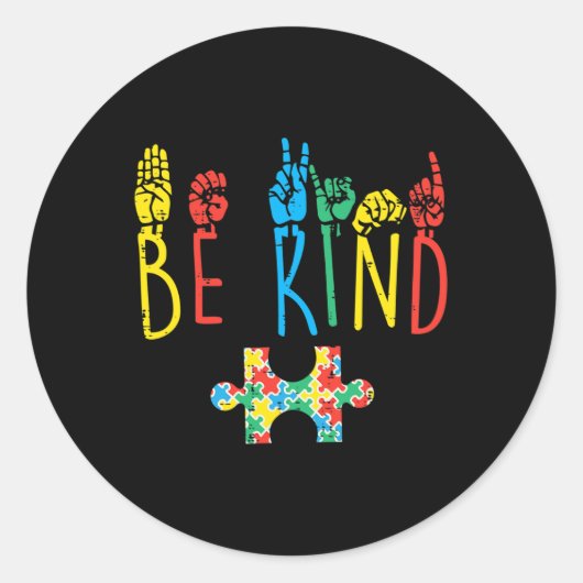 Sticker Rond Be Kind Hand Sign Language Puzzle Sensibilisation (Devant)
