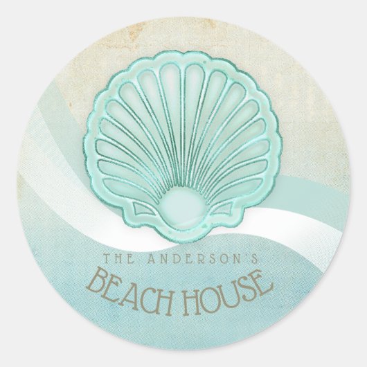 Sticker Rond Beach House Clam Shell Aqua Blue ID623 (Devant)