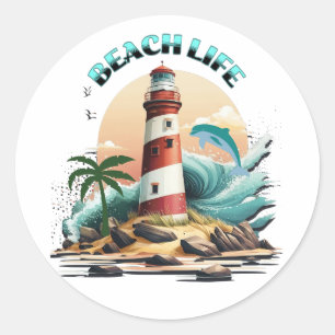 Sticker Rond Beach Life   Phare et dauphin