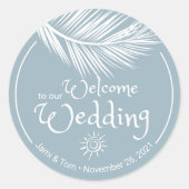 Sticker Rond Beach Palm Feuille Dusty Blue Mariage Bienvenue (Devant)