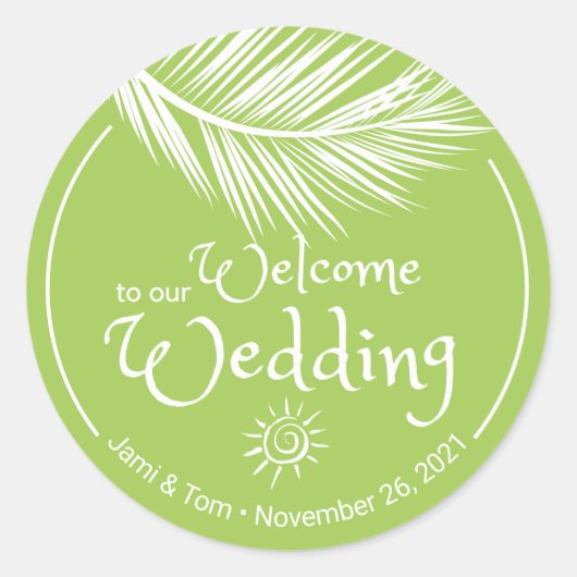 Sticker Rond Beach Palm Leaf Jaune Vert Mariage Bienvenue (Devant)
