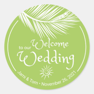 Sticker Rond Beach Palm Leaf Jaune Vert Mariage Bienvenue