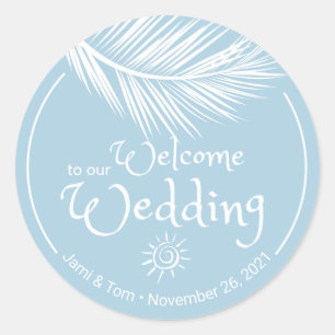 Sticker Rond Beach Palm Leaf Mariage bleu doux Bienvenue