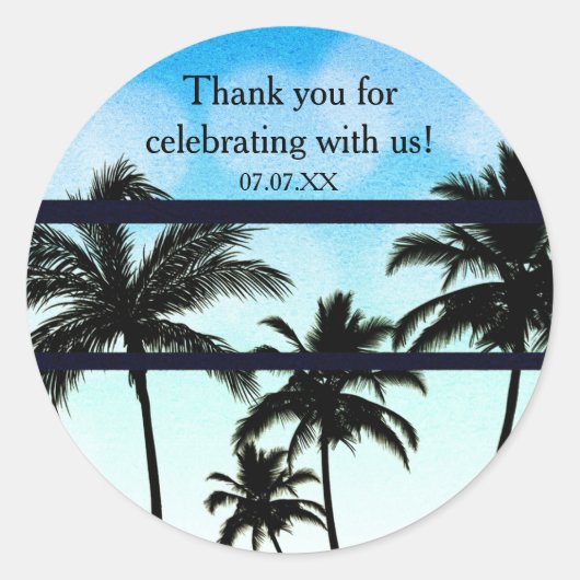Sticker Rond Beach Party Palm Trees Tropical Blue Party Favoris (Devant)
