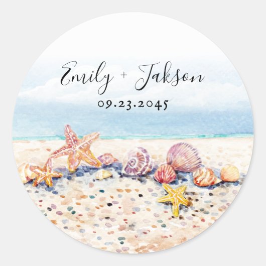 Sticker Rond Beach Seashell Ocean Mountains Nuage Aquarelle (Devant)